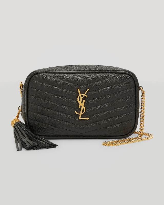 Lou Mini Camera Bag in Grained Quilted Leather with Tassel and Gold Hardware